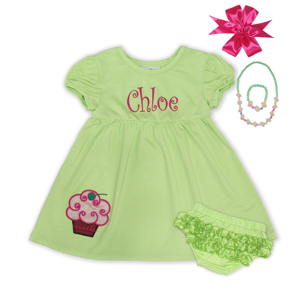 Baby Girl Personalized Lime Green Dress With Bloomer - trakiee.com